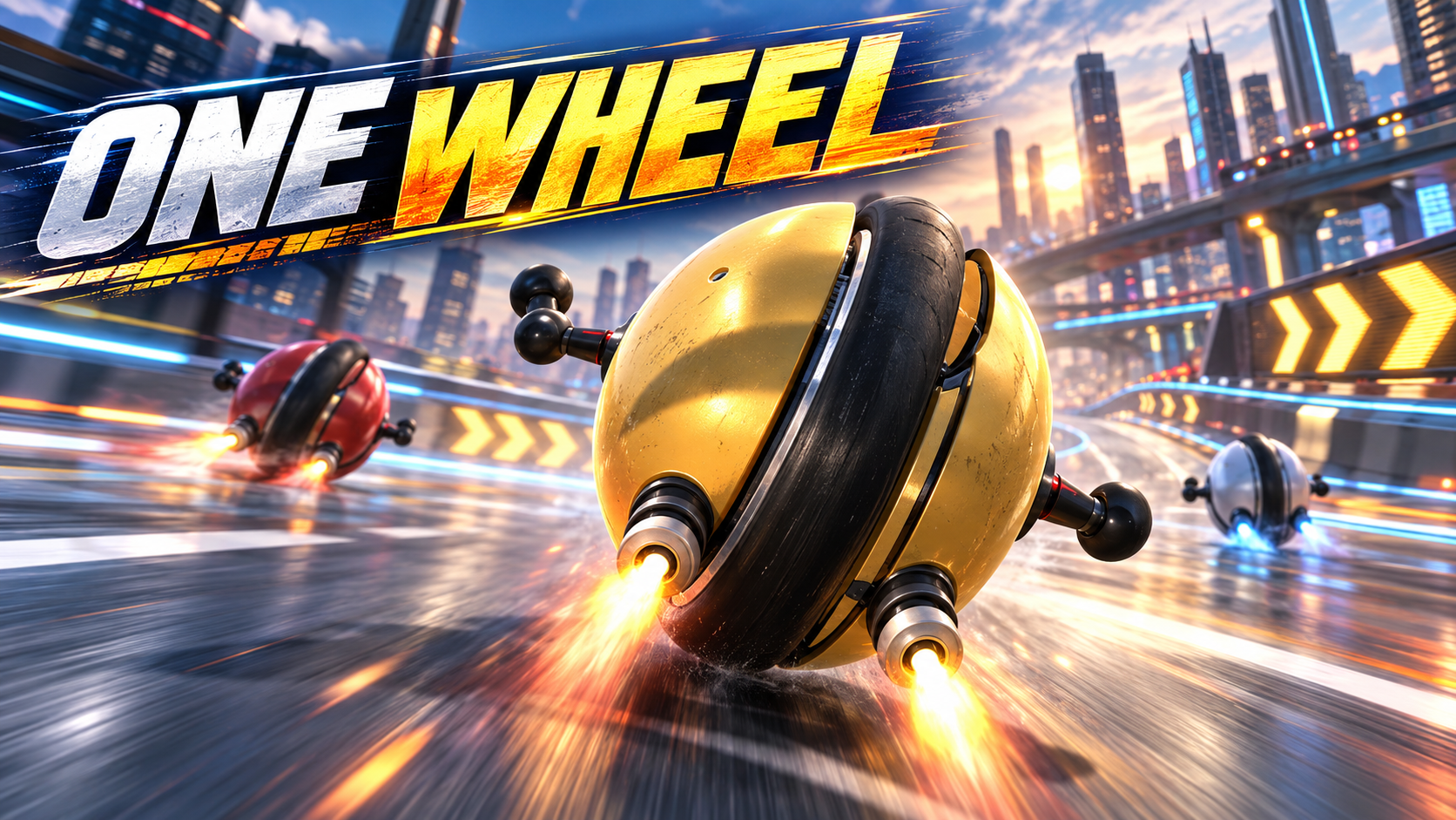 ONE WHEEL：未来都市のコースを走る黄色・赤・白の一輪マシン
